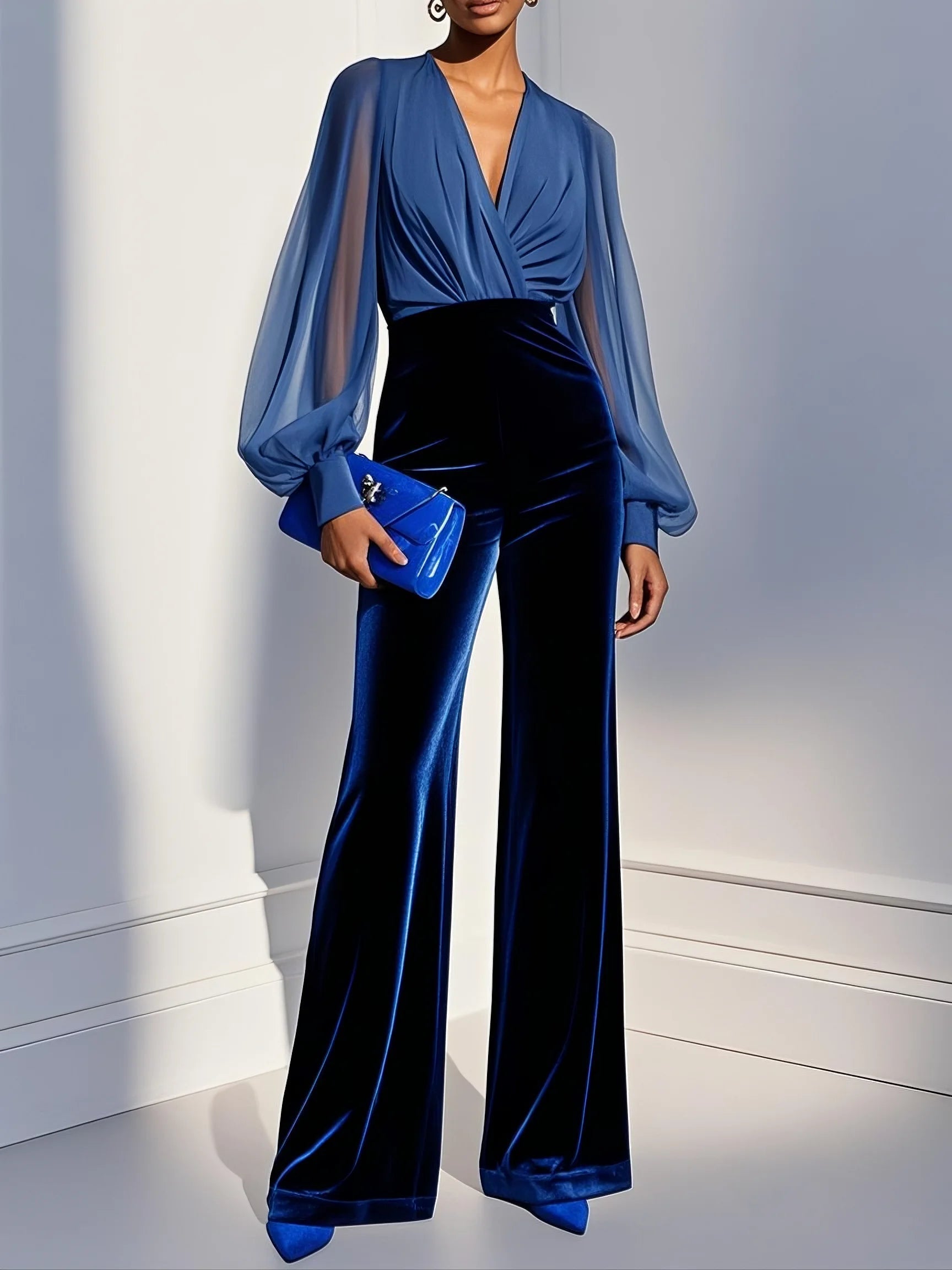 Zaira™ - Long Velvet Jumpsuit with V-Neck and Long Sleeves in Blue Mesh