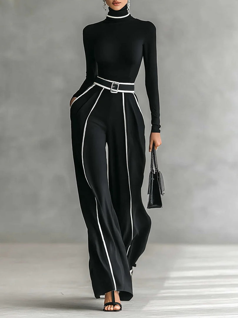 Solana™ - High Neck, Long Sleeve Top and Wide Leg Trousers Set with Belt