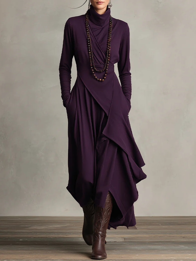 Elegant Maxi Dress with High Collar and Asymmetrical Draping (necklace not included)