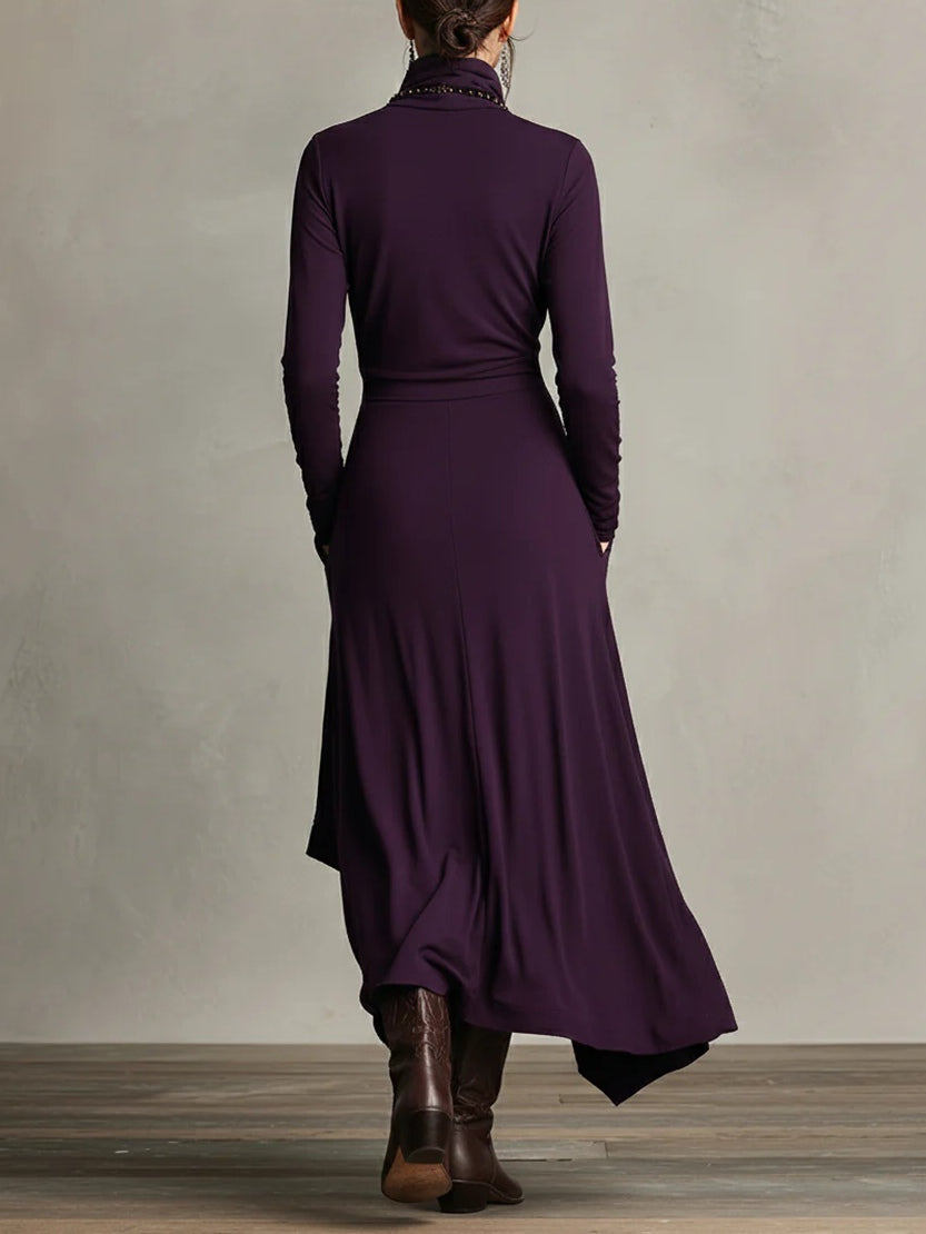 Elegant Maxi Dress with High Collar and Asymmetrical Draping (necklace not included)