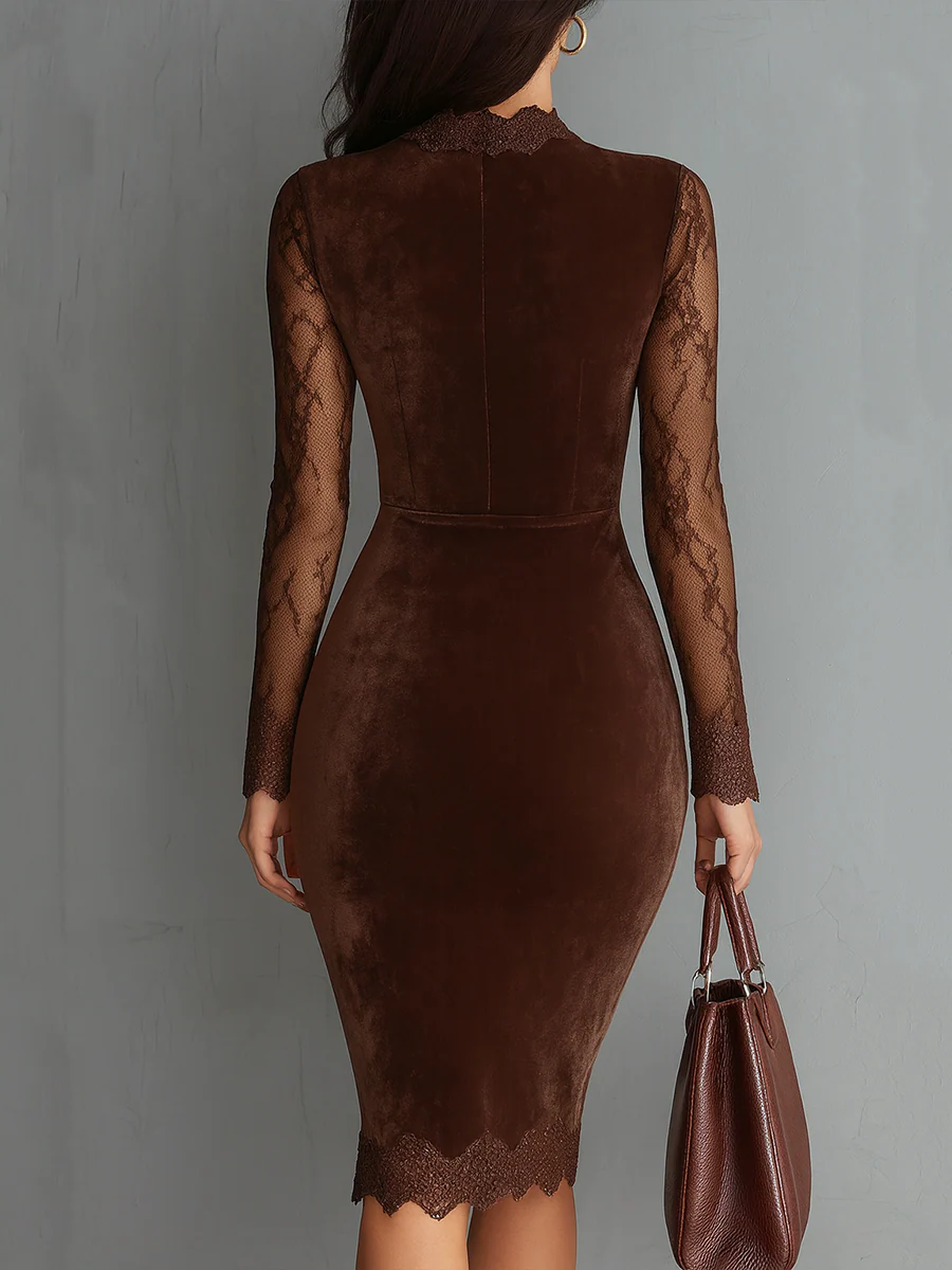 Gioia™ | Mini velvet dress with vintage keyhole neckline and brown lace sleeves