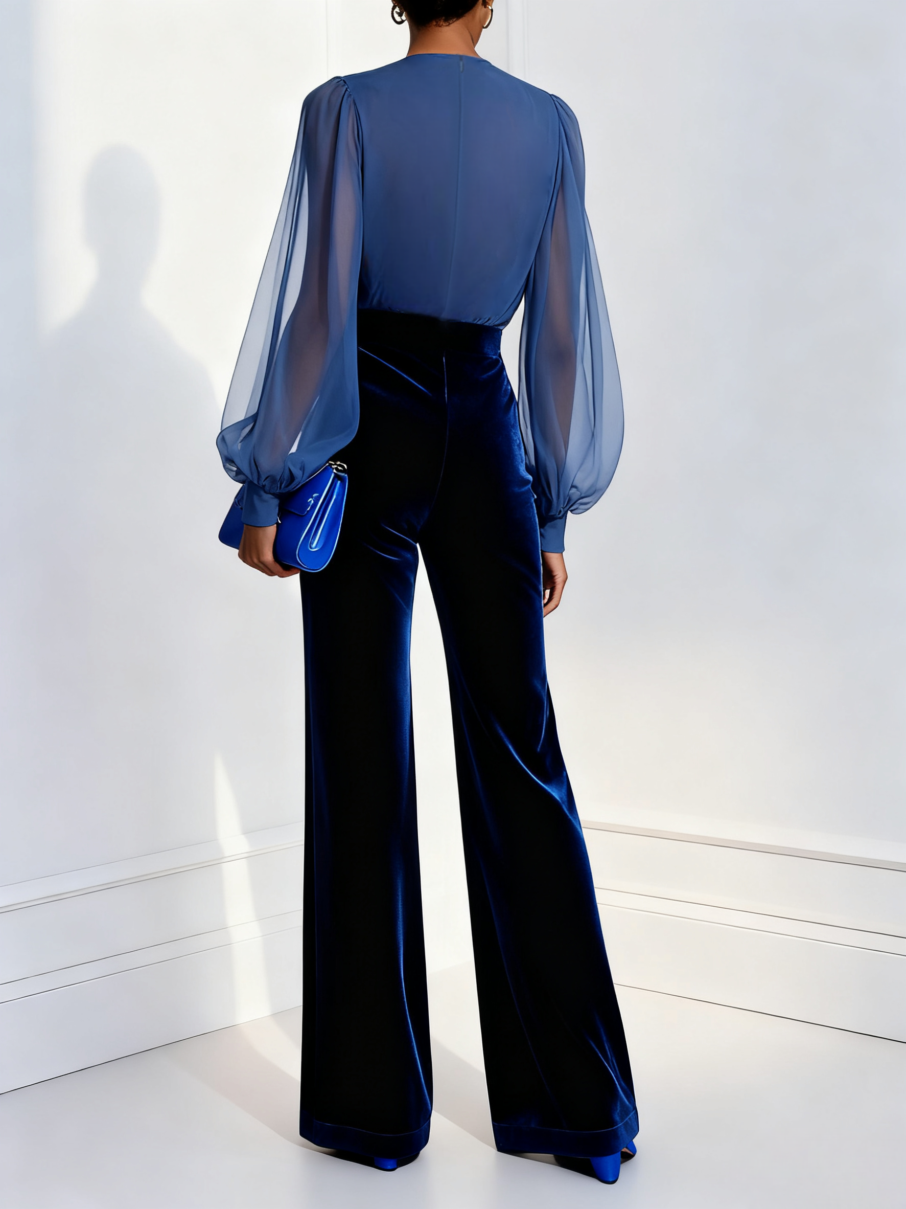 Zaira™ - Long Velvet Jumpsuit with V-Neck and Long Sleeves in Blue Mesh