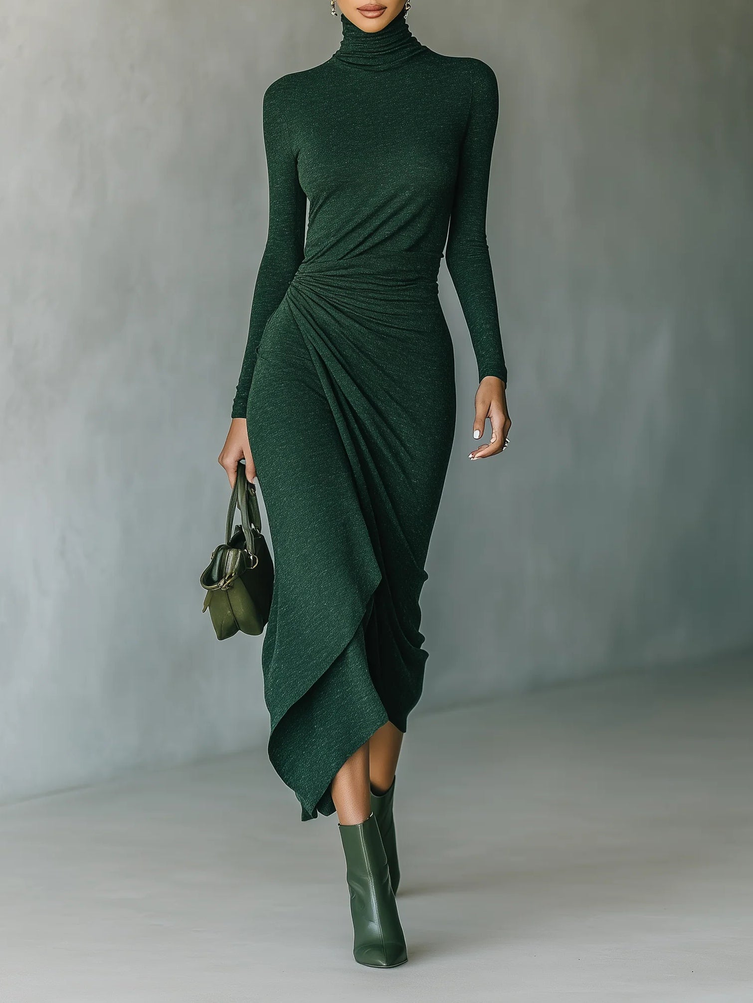 Lenora™ - Asymmetric Midi Dress with Pleats and High Collar in Dark Green