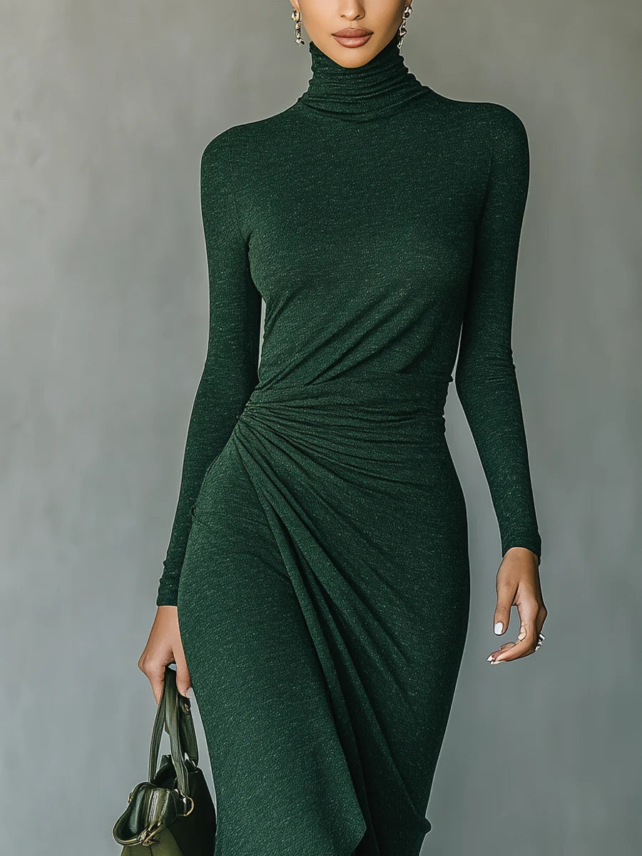 Lenora™ - Asymmetric Midi Dress with Pleats and High Collar in Dark Green