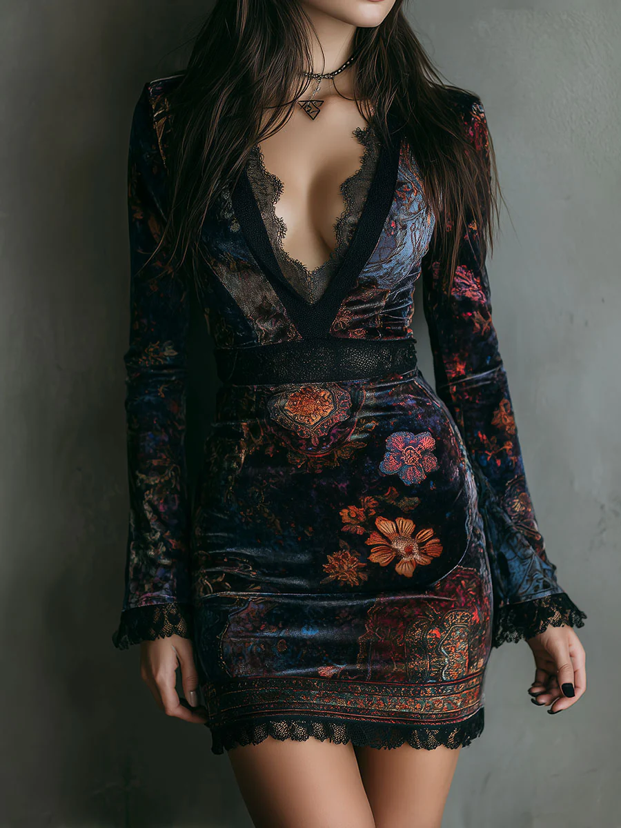 Grazia™ - Slim-fit Mini Dress in Velvet with Floral Print and Lace
