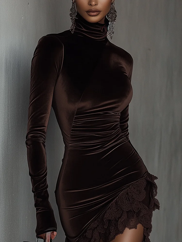 Gaia™ - Fitted mini dress in chocolate velvet with a high collar and lace trim