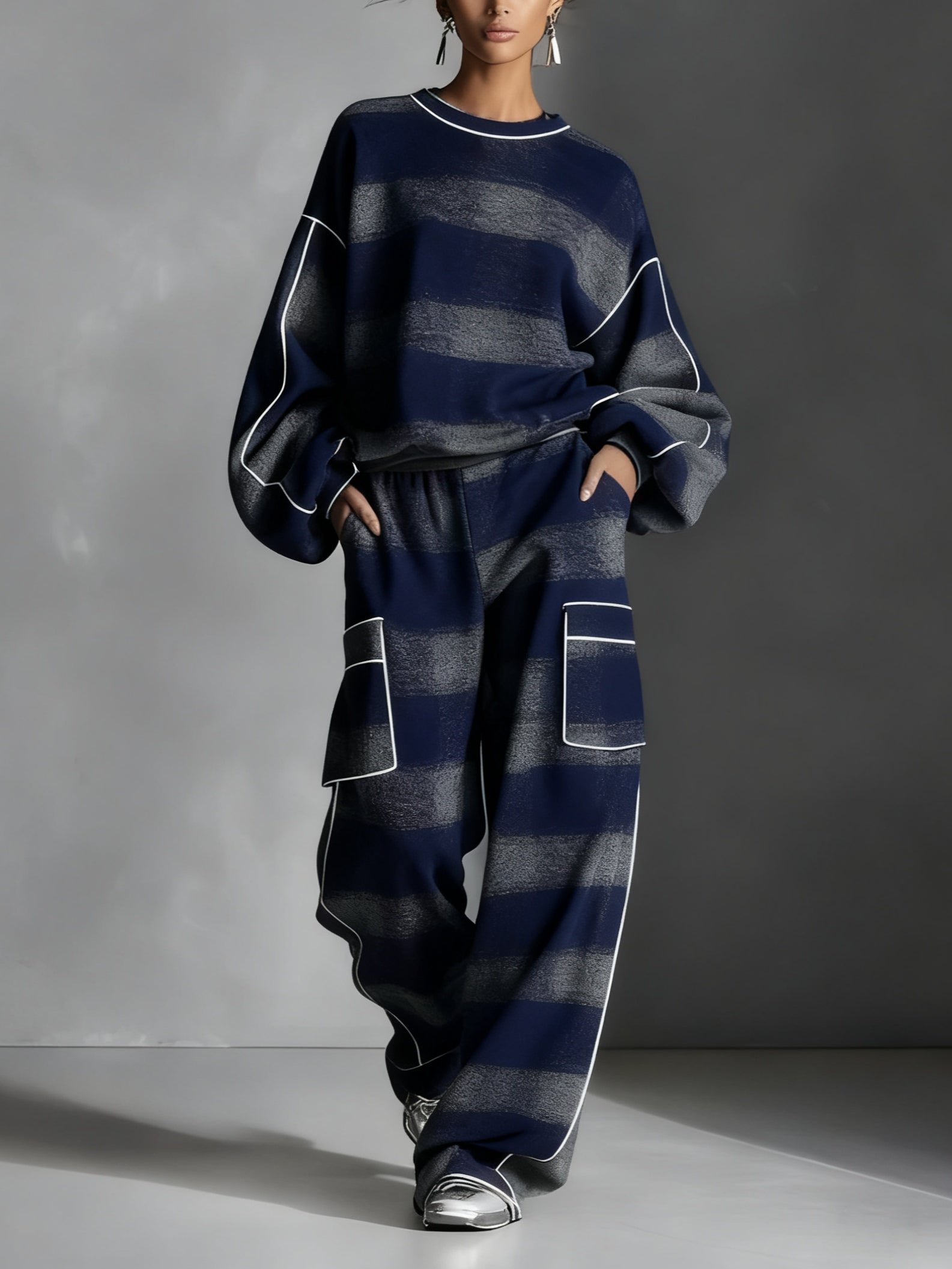 Blue and Grey Plaid Colour-blocked Sweatshirt and Casual Trousers Two-piece Set