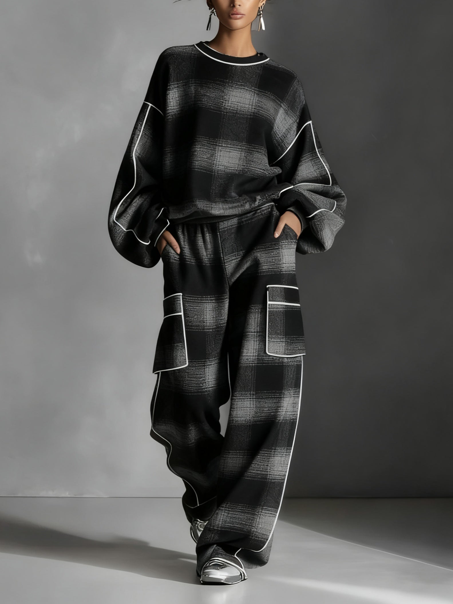 Black and Grey Plaid Colour-blocked Sweatshirt and Casual Trousers Two-piece Set