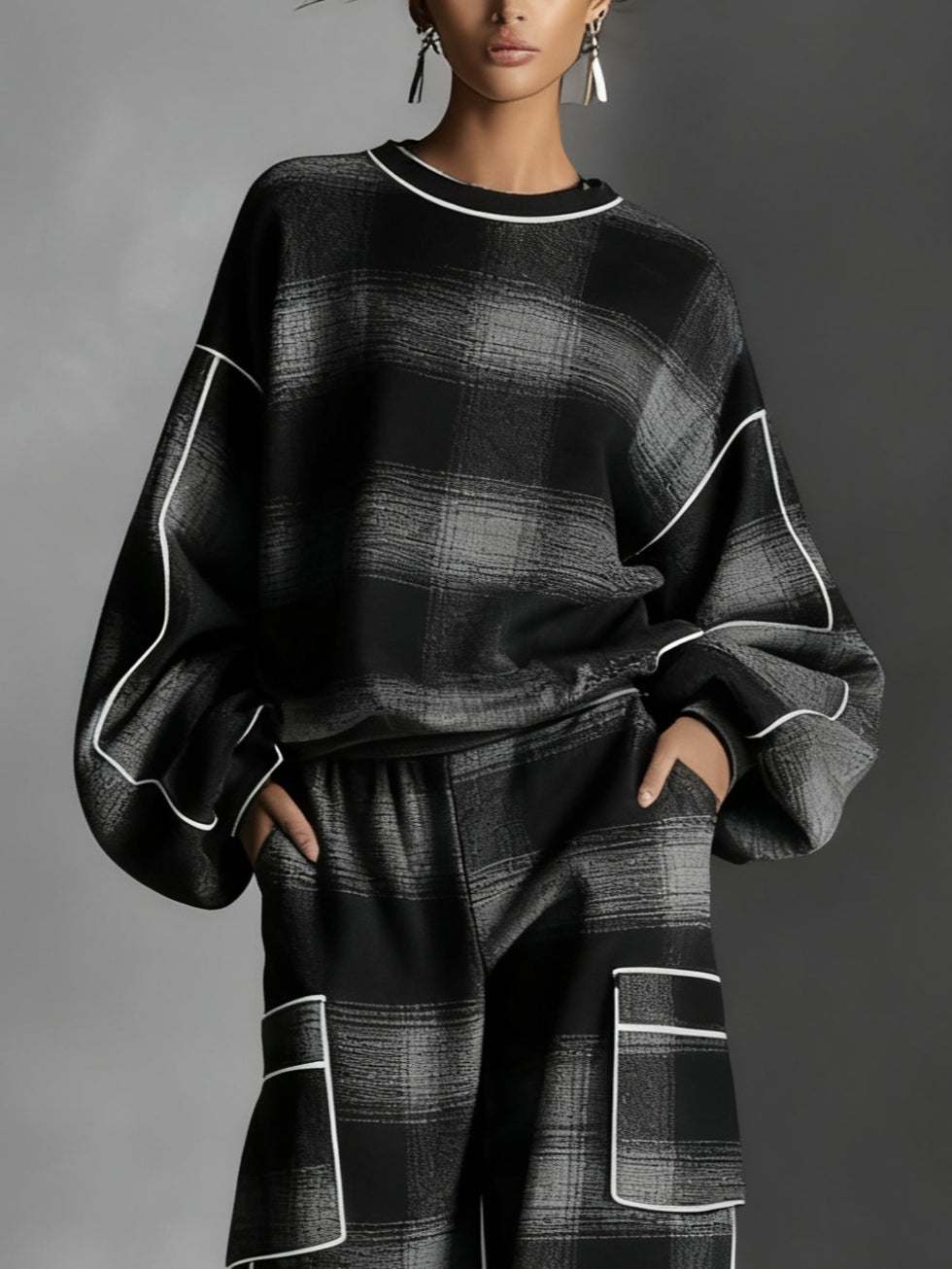 Black and Grey Plaid Colour-blocked Sweatshirt and Casual Trousers Two-piece Set