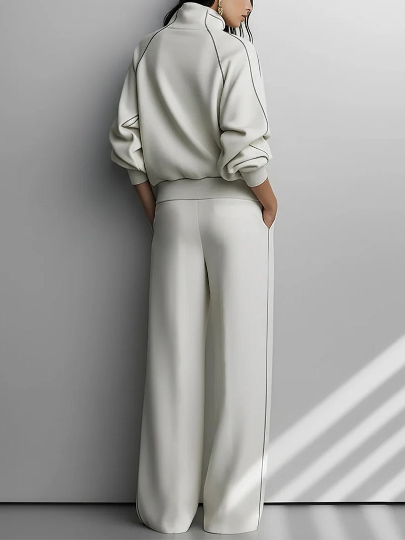 Beige Turtleneck Sweatshirt and Wide-leg Trousers Loose Two-piece Set
